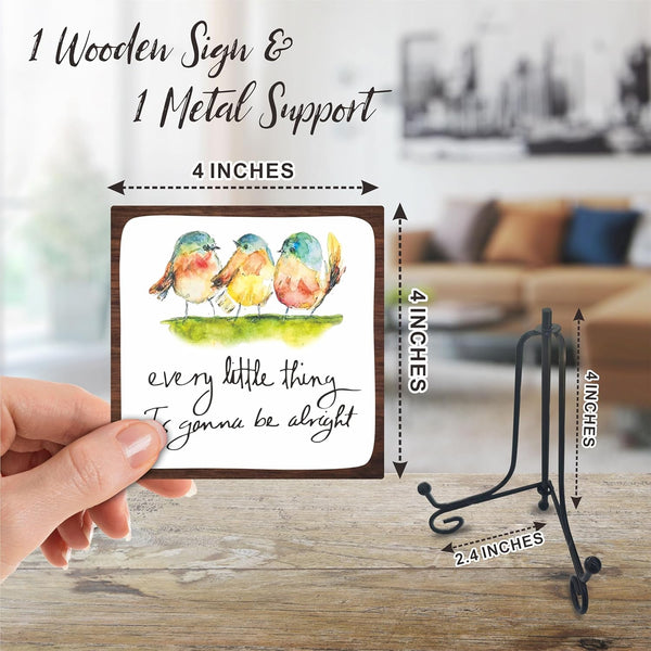 4" Bird Decor - Every Little Thing Is Gonna Be Alright - Spring Decor Watercolor Adorable Birds, Positive Quotes Wooden Plaque Desk Decor, Uplifting Gifts, Spring Decor for Home Decorations - A202