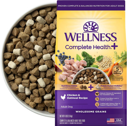 Wellness Complete Health+ Adult Dry Dog Food with Freeze Dried Wellbites, Wholesome Grain Kibble+, Natural, Chicken and Oatmeal Recipe, 4 Lb Bag1