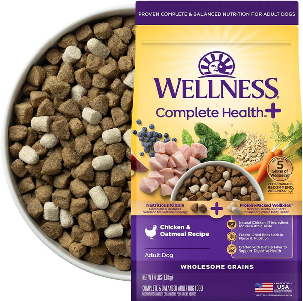 Wellness Complete Health+ Adult Dry Dog Food with Freeze Dried Wellbites, Wholesome Grain Kibble+, Natural, Chicken and Oatmeal Recipe, 4 Lb Bag1