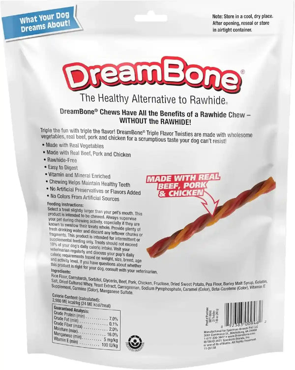 Dreambone Triple Flavor Twisties Dog Treats, Daily Rawhide-Free Chew, Digests Safely, with Real Protein, Beef, Pork, Chicken and Veggies, 25 Count10