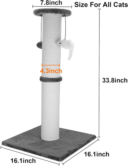 34-Inch Tall Cat Scratching Post for Large Cats, Stable Base, Gray | Heavy-Duty Cat Scratcher, Extra-Tall Thick Post, Soft Natural Cotton Rope, Hanging Interactive Cat Toys, Indoor Cat Furniture2