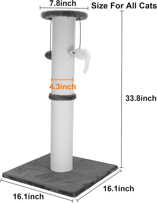 34-Inch Tall Cat Scratching Post for Large Cats, Stable Base, Gray | Heavy-Duty Cat Scratcher, Extra-Tall Thick Post, Soft Natural Cotton Rope, Hanging Interactive Cat Toys, Indoor Cat Furniture2
