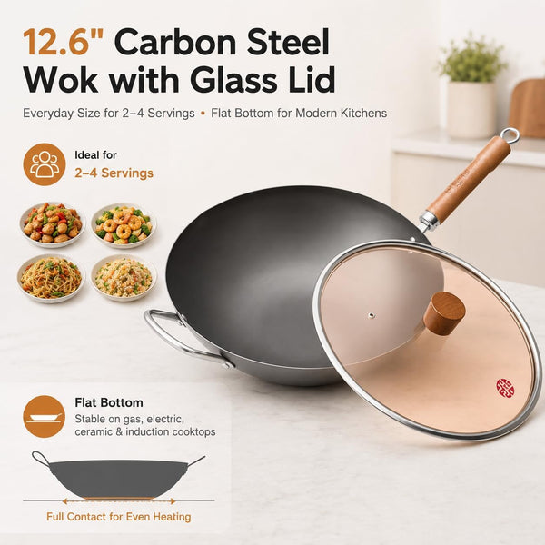 12.6 Inch Carbon Steel Wok with Lid, Flat Bottom Wok Pan for Induction, Electric and Gas Stoves, Uncoated Chinese Stir Fry Pan with Wooden Handle2