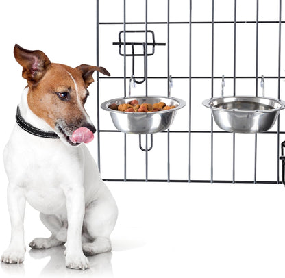 Set of 2 Stainless-Steel Dog Bowls - Cage, Kennel, and Crate Hanging Pet Bowls for Food and Water - 20Oz Each and Dishwasher Safe by Petmaker,Silver1