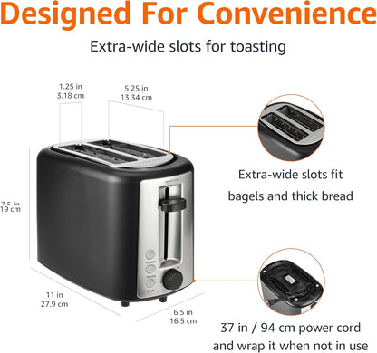 2 Slice Toaster, Extra Wide Slots for Bagels, 6 Browning Settings, Removable Crumb Tray, Defrost/Cancel/Bagel Buttons, Cord Wrap, 900W, Black & Silver3