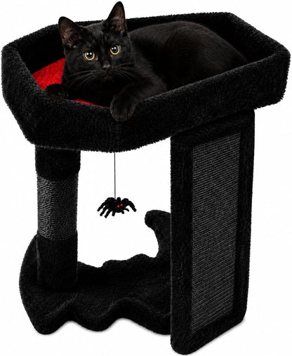 Gothic Cat Tree Tower with Coffin Bed for Indoor Cats, Black | Halloween Scratching Post｜ Spooky Sisal Scratcher｜Goth Cat Trees｜Interactive Spider Toys｜Activity Kitty Play Center1
