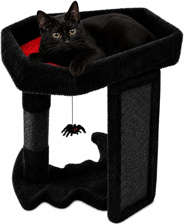 Gothic Cat Tree Tower with Coffin Bed for Indoor Cats, Black | Halloween Scratching Post｜ Spooky Sisal Scratcher｜Goth Cat Trees｜Interactive Spider Toys｜Activity Kitty Play Center1