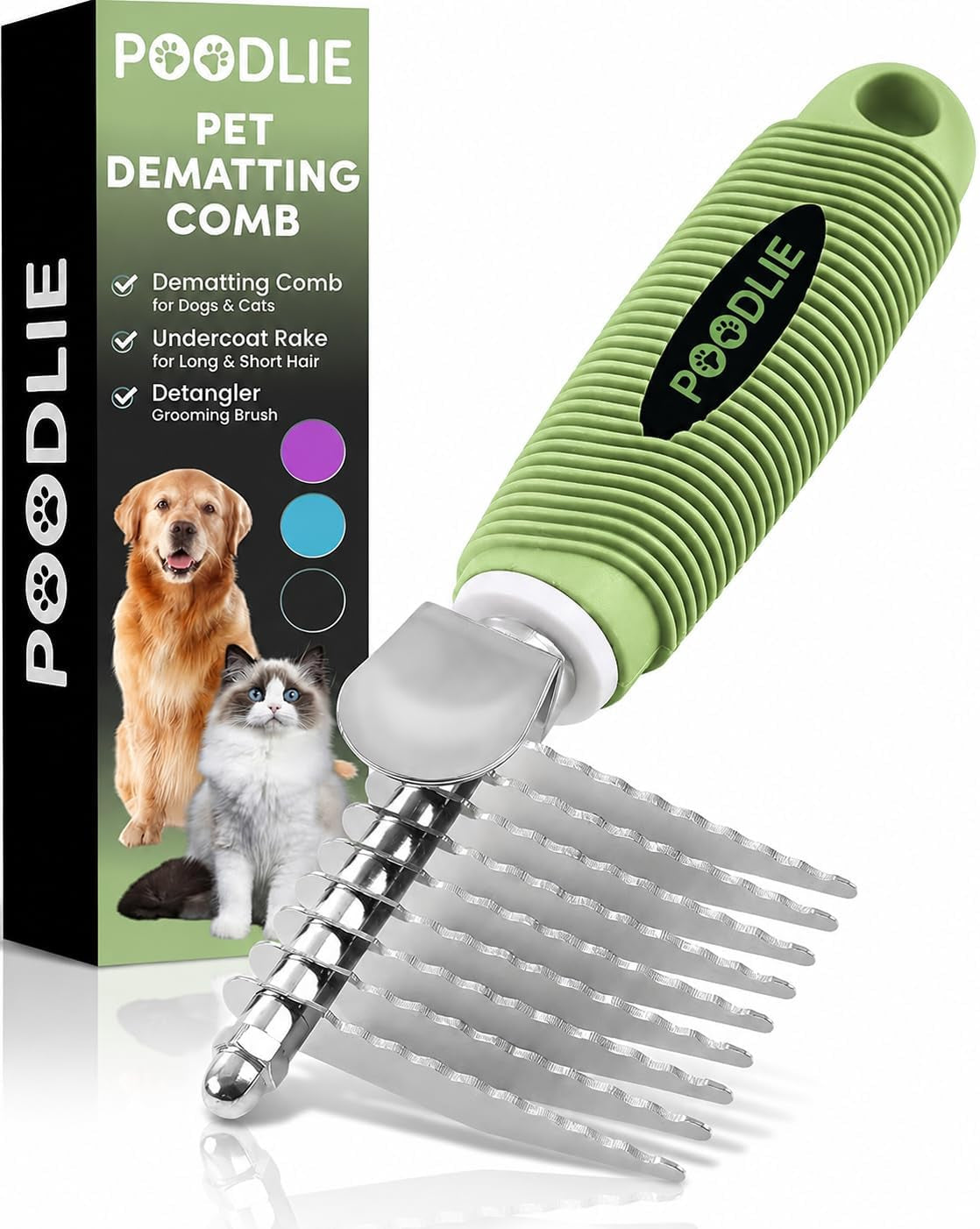 poodle-dematting-fur-rake-comb-brush-for-dogs-and-cats-long-2-5-steel-safety-blades-metal-comb-for-detangling-matted-or-knotted-undercoat-hair