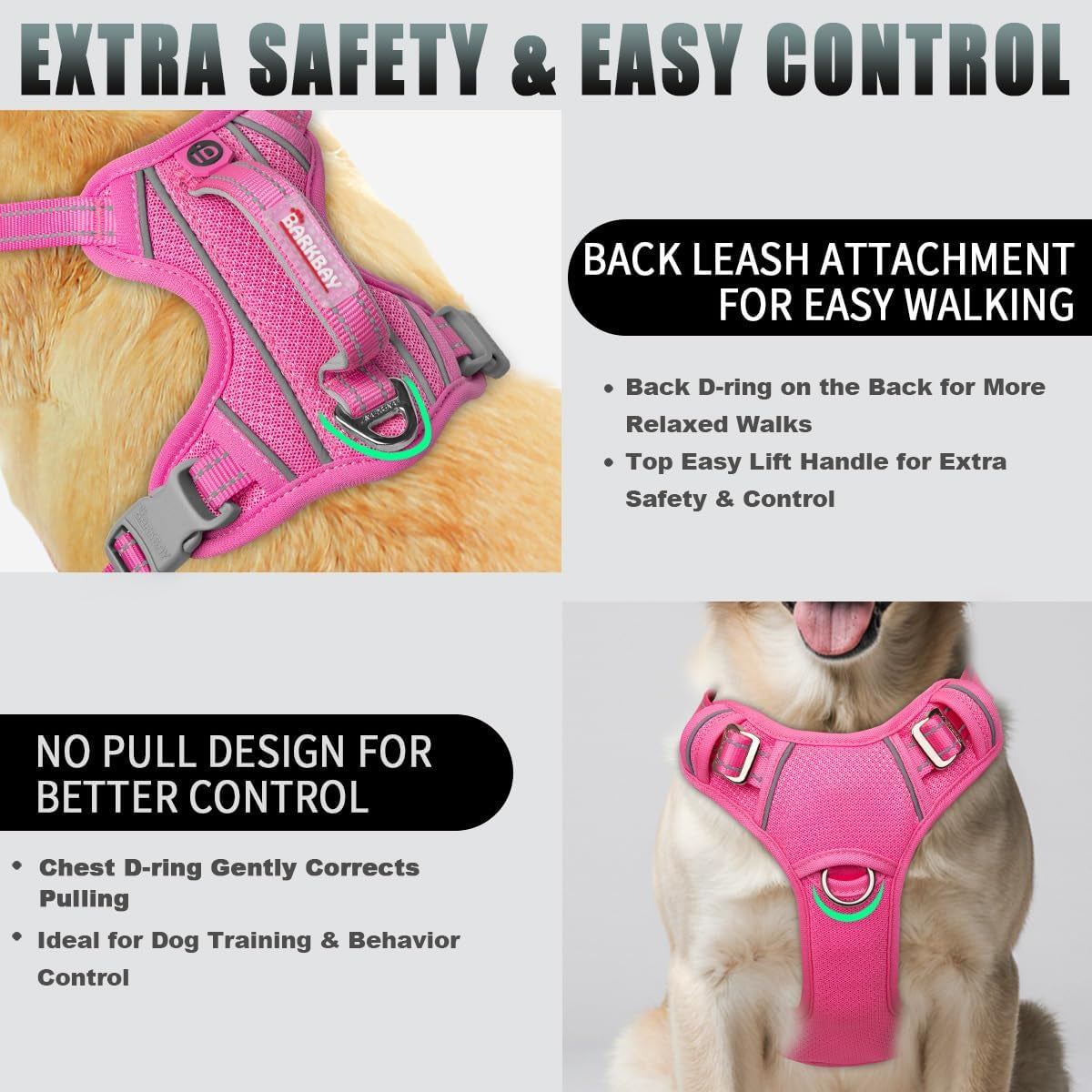 barkbay-no-pull-dog-harness-large-reflective-dog-harness-with-front-clip-and-easy-control-handle-for-walking-training-running-with-id-tag-pocketpink-l