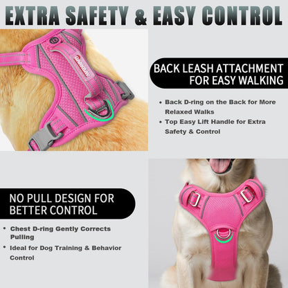 BARKBAY No Pull Dog Harness Large Reflective Dog Harness with Front Clip and Easy Control Handle for Walking Training Running with ID Tag Pocket(Pink,L)3