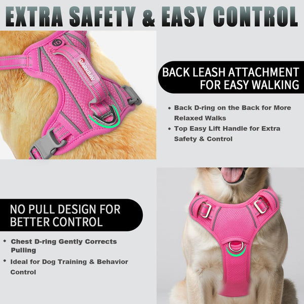 BARKBAY No Pull Dog Harness Large Reflective Dog Harness with Front Clip and Easy Control Handle for Walking Training Running with ID Tag Pocket(Pink,L)3