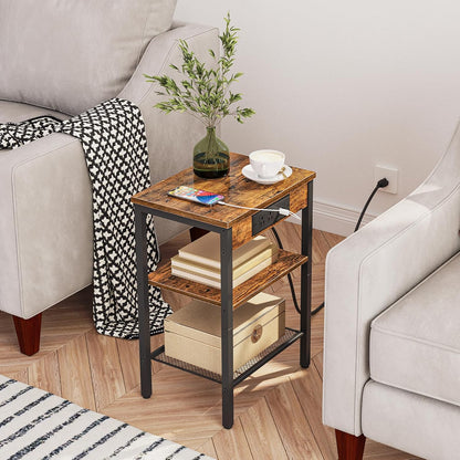 Side Table with Charging Station and USB Port, Small End Table for Small Space, 3-Tier Nightstand with Adjustable Shelf, for Living Room, Bedroom, Rustic Brown BF112BZ015