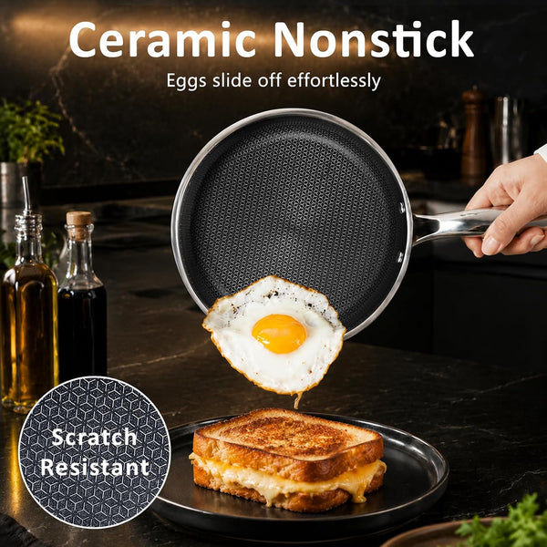 8" Hybrid Nonstick Frying Pan, Stainless Steel, Induction Safe | Pfas/Pfoa/Ptfe-Free Ceramic Pan, Dishwasher & Oven Safe, Stay-Cool Handle,Compatible with All Cooktops2
