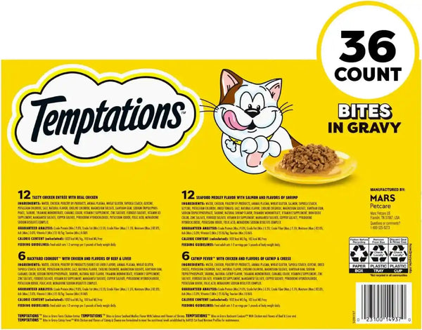Temptations Bites in Gravy Wet Cat Food, Variety Pack, 3.5 Oz, 36 Count | Chicken, Seafood Medley, Backyard Cookout, Catnip Fever, No Artificial Flavors, 3.5 Oz. Trays, 100% Complete & Balanced9