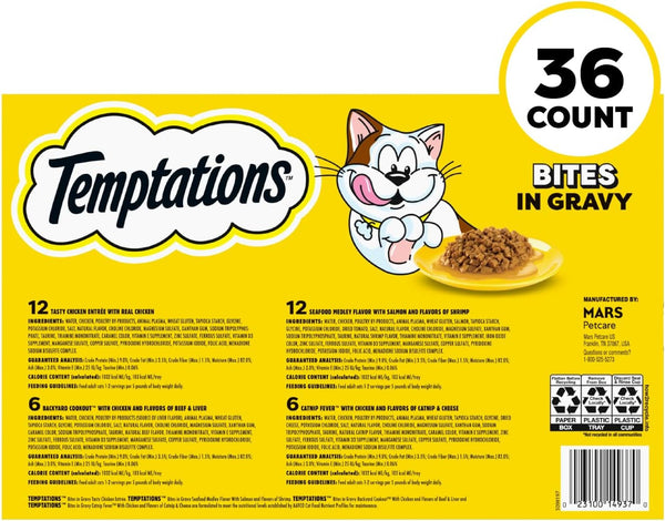 Temptations Bites in Gravy Wet Cat Food, Variety Pack, 3.5 Oz, 36 Count | Chicken, Seafood Medley, Backyard Cookout, Catnip Fever, No Artificial Flavors, 3.5 Oz. Trays, 100% Complete & Balanced9