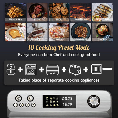 Air Fryer Toaster Oven Combo, 26Quart 10-In-1 Extra Large Countertop Convection Oven with LED Display Knob Control, 1800W Stainless Steel, Less Oil, Faster Cooking,7 Accessories+Recipe6