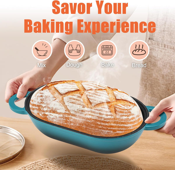 5 QT Enameled Cast Iron Sourdough Bread Oven, Loaf Pan with Lid | Oval Dutch Oven for Homemade Sourdough Bread Baking, Oven Safe up to 500°F, Meatloaf Pan with Dome Lid, Blue-Green5