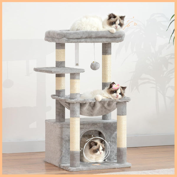 Heybly Cat Tree, Kitten Tower with Large Soft Cat Basket,Cat Condo with Spacious Cat Bed Cave with Hidden Space，Sisal-Covered Scratching Posts,Dangling Ball for Indoor Cats, Light Gray HCT008SW9