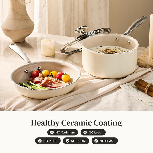 Nonstick Mini Cookware Set, 8"Ceramic Fry Pan 2.5Qt Sauce Pan with Lid, Fryingpan & Pots Set, Induction Compatible, Nontoxic, Oven Dishwasher Safe, PTFE & PFOA Free, Beige2