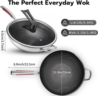 12.6-Inch Stainless Steel Wok Pan with Glass Lid - Tri-Ply Nonstick Wok & Stir-Fry Pan, PFOA Free Uncoated Cookware for All Cooktops, Induction Compatible, Flat Bottom3