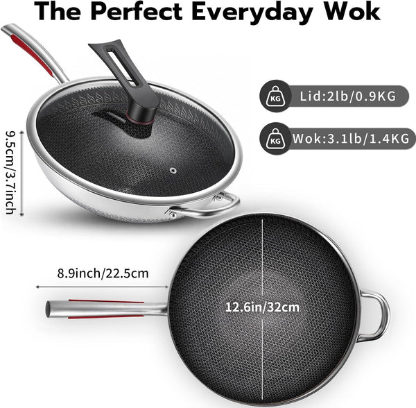 12.6-Inch Stainless Steel Wok Pan with Glass Lid - Tri-Ply Nonstick Wok & Stir-Fry Pan, PFOA Free Uncoated Cookware for All Cooktops, Induction Compatible, Flat Bottom3