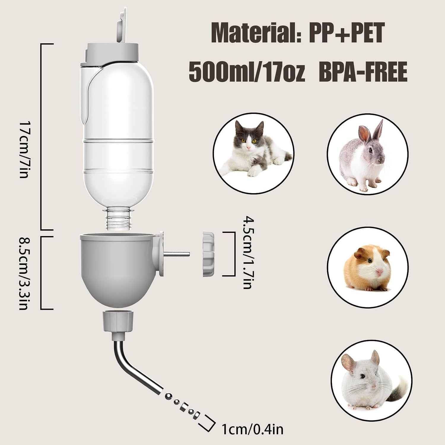 pet-water-bottle-for-cage-crate-17oz-non-drip-water-dispenser-for-small-animal-rabbit-bunny-guinea-pig-chinchilla-ferret-squirrel-hedgehog-gray-17oz