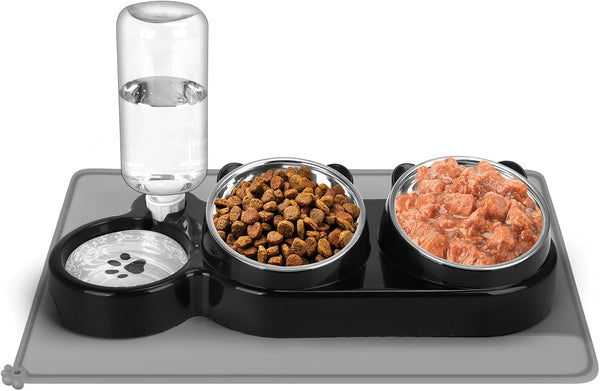 Cat Food and Water Bowl Set, Stainless Steel Raised Cat Bowls with Automatic Water Bottle & Waterproof Mat for Cats/Puppies, 3 in 1 Pet Feeding Station for Wet/Dry Food, Black1