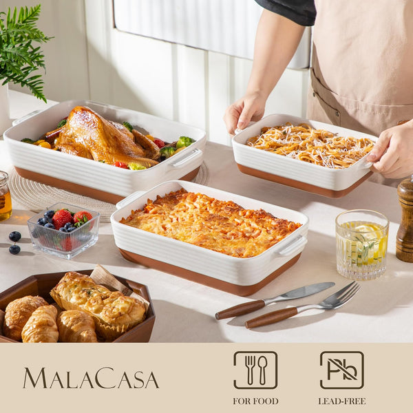 Casserole Dishes for Oven, Ceramic Baking Dishes Set of 3, Baking Pan Casserole Dish Set, Rectangular Lasagna Pan Deep with Handles for Baking, Khaki White (14.5''/13''/10.5''), Series TARA3