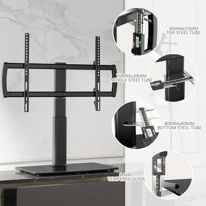 Universal Swivel TV Stand/Base Table Top TV Stand 32 to 65 Inch Tvs 80 Degree Swivel, 4 Level Height Adjustable, Heavy Duty Tempered Glass Base, Holds up to 88Lbs Screens, HT04B-0026