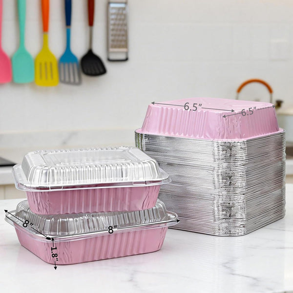 (35-Pack) Pink 8X8 Inch Disposable Aluminum Pans with Plastic Lids,Stickers and Cake Spoons,Square Cake Pans for Parties,Baking Trays,Foil Pans for Holiday Cooking, Parties Meal Prep, Storage3