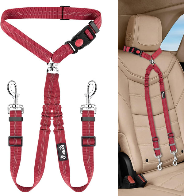 Lukovee Double Dog Seat Belt, Dual Pet Car Headrest Restraint Safety Seatbelt No Tangle Dog Leash Duty Adjust Elastic Bungee Puppy Lead Splitter Connect Harness in Vehicle Travel for 2 Dogs,Black11