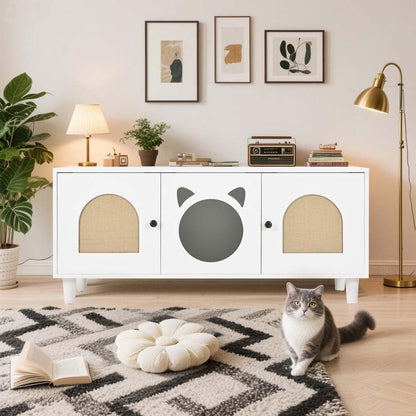 Anwick Cat Litter Box Enclosure Cabinet Furniture | Modern 2-In-1 Wooden Cat House Cabinet with Storage Hook and Scratch Board,White8