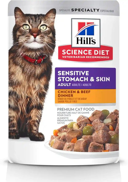 Hill'S Science Diet Sensitive Stomach & Skin Wet Cat Food Variety Pack | #1 Veterinarian Recommended, Adult Formula, Chicken & Beef, Salmon & Tuna, 2.8 Oz. Pouches, 12-Pack12