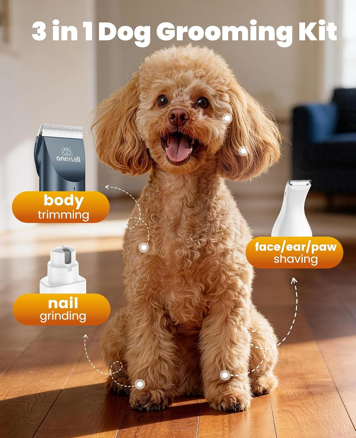 oneisall-dog-clippers-and-paw-trimmer-grooming-kit-low-noise-powerful-motor-3-in-1-dog-trimmers-nail-grinder-long-lasting-battery-cordless-for-small-medium-large-dogs