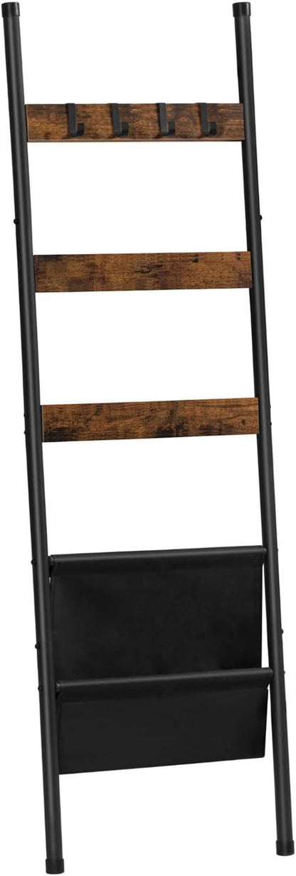 Blanket Ladder, 5 Tier Towel Rack, 17.3" L X 63" H, Wall-Leaning Blanket Rack for Living Room, Decorative Ladder with 4 Hooks and Magazine Pocket, Rustic Brown BF32CJ011