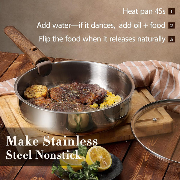 19Pcs Tri-Ply Stainless Steel Cookware Set with Detachable Handle | Pots and Pans Set, Even Heating, Non-Toxic, Induction Compatible, Dishwasher& Oven Safe, Space Saving, RV Cooking,Woodgrain4
