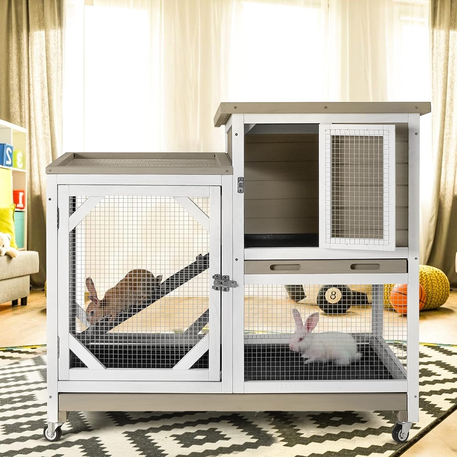 gutinneen-wooden-duplex-rabbit-cage-on-wheels-with-chew-proof-ramp-grey-4-mobile-swivel-casters-2-story-design-waterproof-rain-cover-5-access-doors-2-sliding-trays
