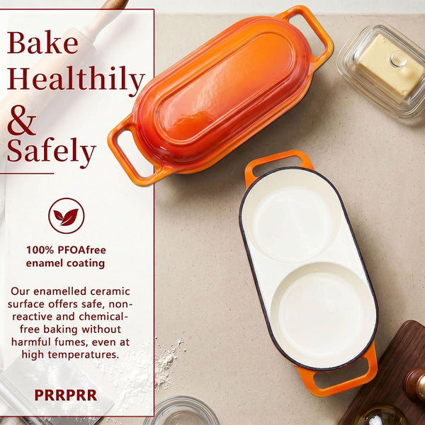 Cast Iron Bread Pan with Lid, Double Dutch Oven for Sourdough Bread Baking, 2 round Loaf Compartments + 2Pack 5-Inch Baking Bowls and 2 Anti-Scald Clips, Oven Safe to 500°F, Dutch Oven Red4