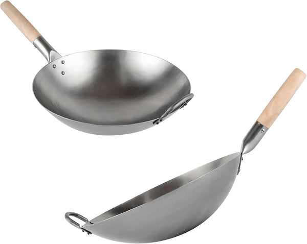 Carbon Steel Wok 1 Pack of 14 Inch Heavy-Duty Stir Fry Pan Silver Hand Hammered Wok Efficient Maneuvering Steel Helper Handle Uniform Heat Distribution Asian Cooking2