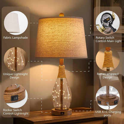 2 in 1 Bedside Table Lamps Set of 2, Farmhouse Glass Lamp, Wood-Like | Bedroom Lamps for Nightstands, Top Light & Night Light, Built-In USB with Bulb, Boho Rattan Design for Nursery, Hallway3