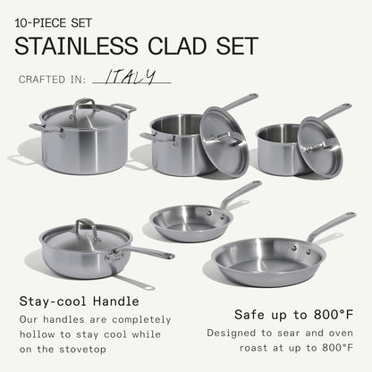 Made in Cookware - 10 Piece Stainless Steel Pot and Pan Set - 5 Ply Clad - Includes Stainless Steel Frying Pans, Saucepans, Saucier and Stock Pot W/Lid - Professional Cookware - Crafted in Italy6