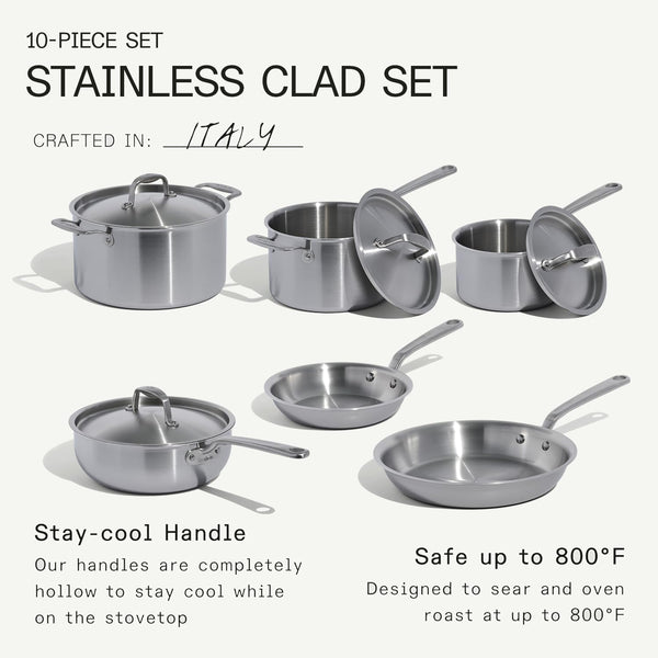 Made in Cookware - 10 Piece Stainless Steel Pot and Pan Set - 5 Ply Clad - Includes Stainless Steel Frying Pans, Saucepans, Saucier and Stock Pot W/Lid - Professional Cookware - Crafted in Italy6