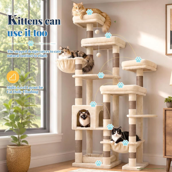 Hey-Brother Cat Tree Tower, Wide Base, 5 Platforms for Multi-Cats, MPJ074MJ | 72.8 Inches Tall Furniture, 5 Plush Beds, Large Condo, Big Hammocks, Sisal Scratching Posts, for Indoor Adult Cat Beige Brown7