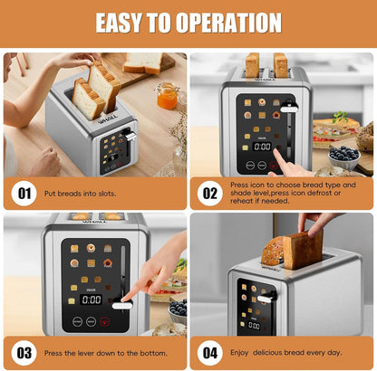 2 Slice Toaster, Smart Full Touch Screen, Extra Wide Slots, Silver | Stainless Steel, 6 Shade Settings, Reheat/Defrost/Mute/Standby/Cancel, Bread Bagel Gluten-Free Waffle Pastry, Digital Timer8