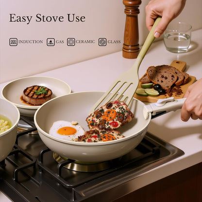 Pots and Pans Set Non Stick, Ceramic Cookware Set Detachable Handle, RV Camping Kitchen Cooking Set Removable Handles, Dishwasher/Oven/Fridge Safe, Induction, Space Saving，Cream White6