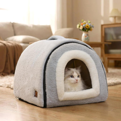 Cat Bed for Indoor Cats，Foldable Cat Cave，Anti-Slip & Water-Resistant Bottom，Cat Houses for Indoor Cats or Small Dogs, Kitten Tent, Rabbit Bed，2 in 1 Pet Bed (Grey)2