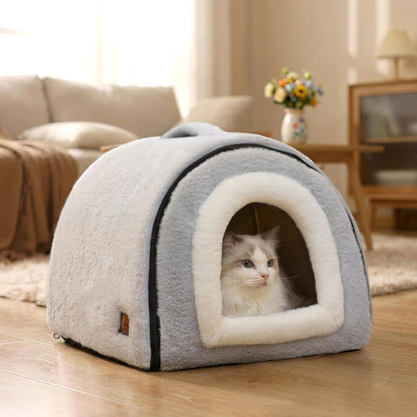Cat Bed for Indoor Cats，Foldable Cat Cave，Anti-Slip & Water-Resistant Bottom，Cat Houses for Indoor Cats or Small Dogs, Kitten Tent, Rabbit Bed，2 in 1 Pet Bed (Grey)2