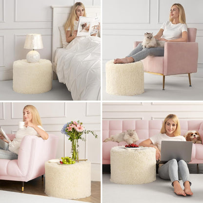 round Pouf Ottoman Foot Rest, Footstool, 17 X 14 Inch, Beige | High-Density One-Piece Foam, Firm & Stable, for Couch, Bedroom, Living Room, Mechine Washable Cover8
