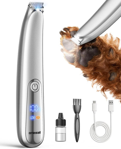 Oneisall Dog Paw Trimmer with LED Light & Skin-Friendly Curved Blade | Low Noise Paw Clippers, 2-Speed 6500 RPM for Dogs & Cats, Cordless, between Toes & Sensitive Areas1
