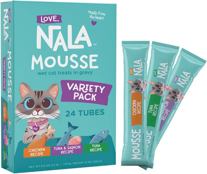 LOVE, NALA - Natural Lickable Cat Squeeze up Treat,Topper - Variety Pack Mousse - Wet Food Cat Puree - Grain Free, Non-Gmo, Minerals, Vitamins - 24 Pack 12 Oz.1